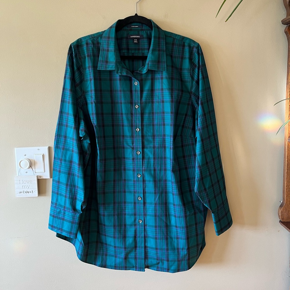 *HOST PICK* Landsโ End No Iron Supima Cotton Teal Green/Black/Purple Plaid Shirt - Picture 6 of 14